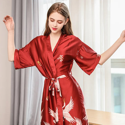 Sexy mousse silk robe retro printed short-sleeved pajamas nightdress fashion casual home dressing gown sleepwear nightwear sloth