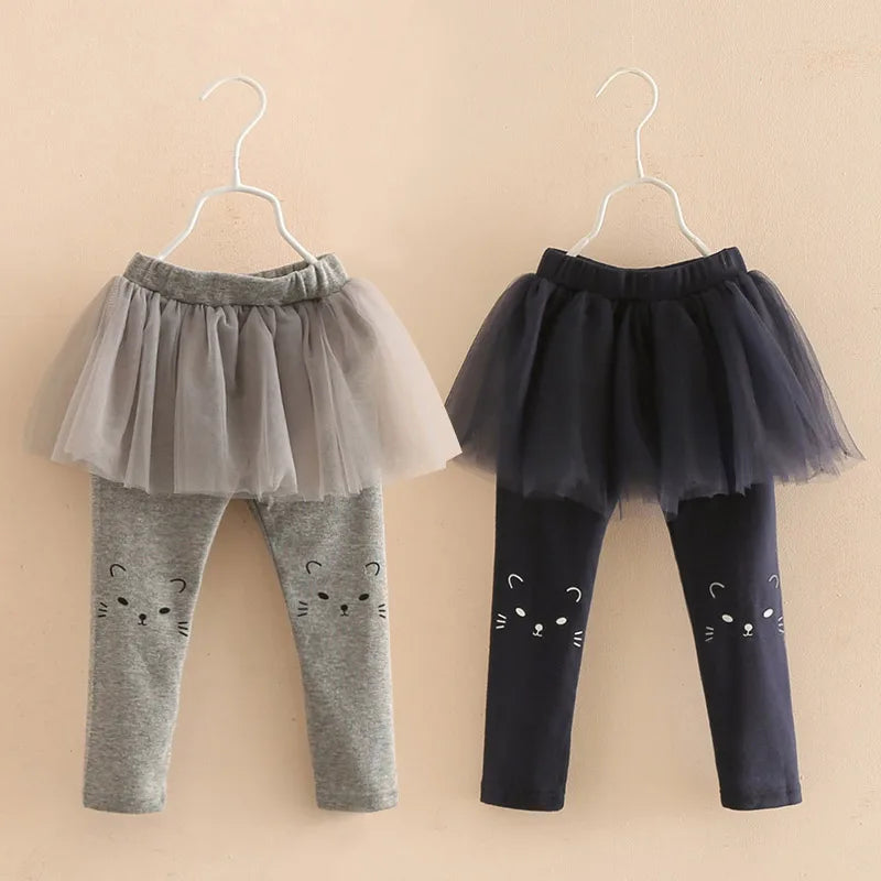 2024 Spring Autumn 2 3 4 6 8 10 Year Child Full Length Capri Pants Cartoon Cat Culottes Lace Skirt Leggings For Baby Kids Girls