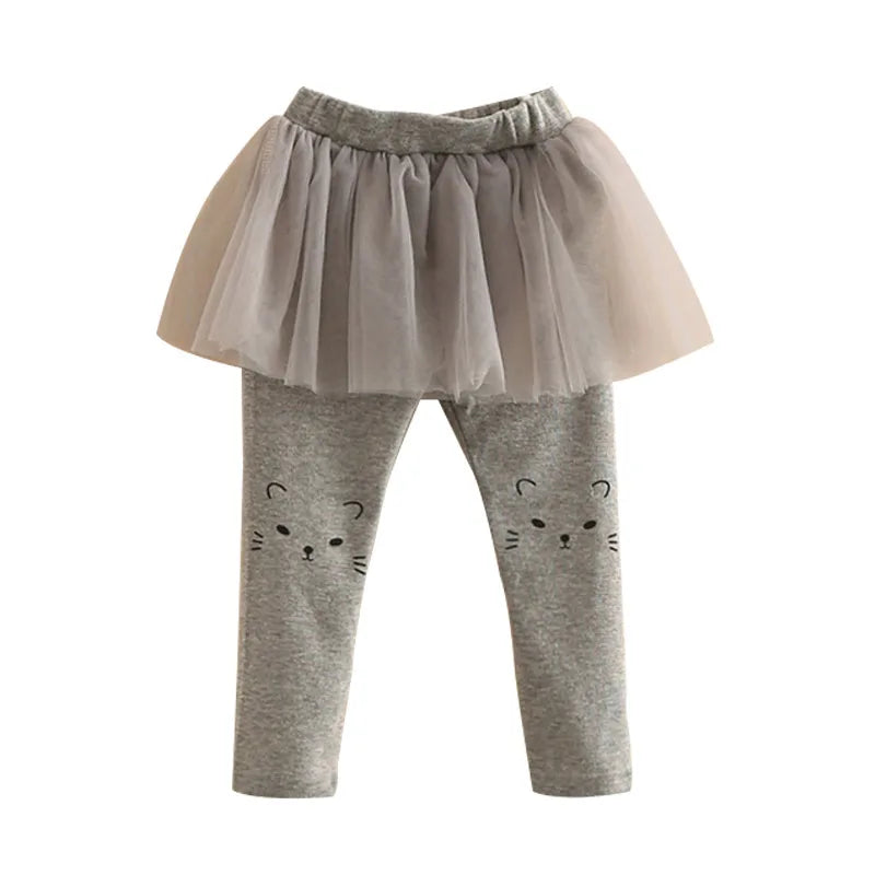 2024 Spring Autumn 2 3 4 6 8 10 Year Child Full Length Capri Pants Cartoon Cat Culottes Lace Skirt Leggings For Baby Kids Girls