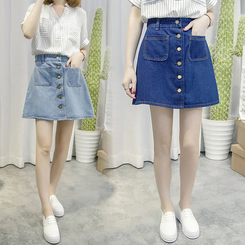 On sale 2018 summer Womens ladies A-line Skirt Pencil denim High Waist jeans harajuku pockets Skirt black white high quality