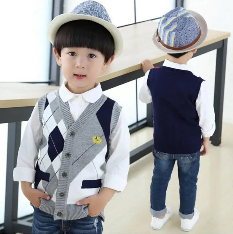 2024 Autumn Spring Kids Boy Sweater Vest Girl Children Clothing Plaid Stitching Coat Baby Cotton thick top Boys Cardigan Vest