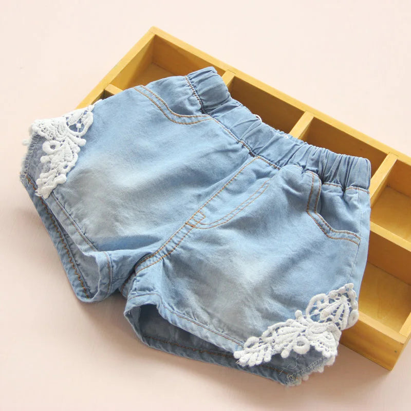 2024 Hot Summer Fashion 2 3 4 6 8 10 12 Years Children Cotton Baby Lace Edges Patchwork Jeans Kids Girls Denim Blue Shorts