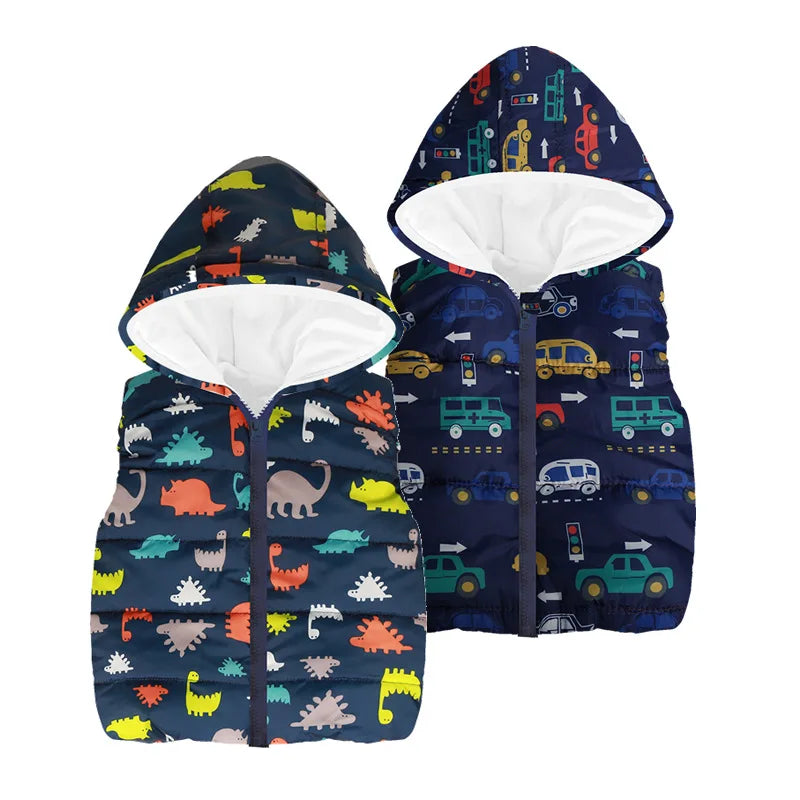 Autumn Winter Girls Vests Children's Cotton Warm Coat Baby Boy Dinosaur Hooded Waistcoat Kids Cartoon Cute Outerwear Clothing