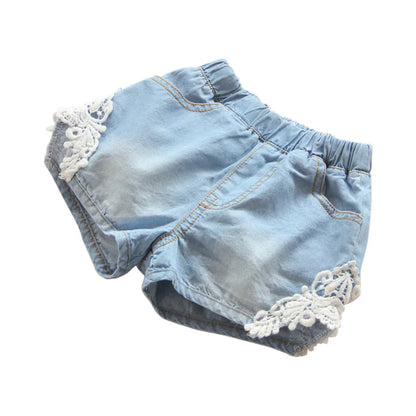 2024 Hot Summer Fashion 2 3 4 6 8 10 12 Years Children Cotton Baby Lace Edges Patchwork Jeans Kids Girls Denim Blue Shorts