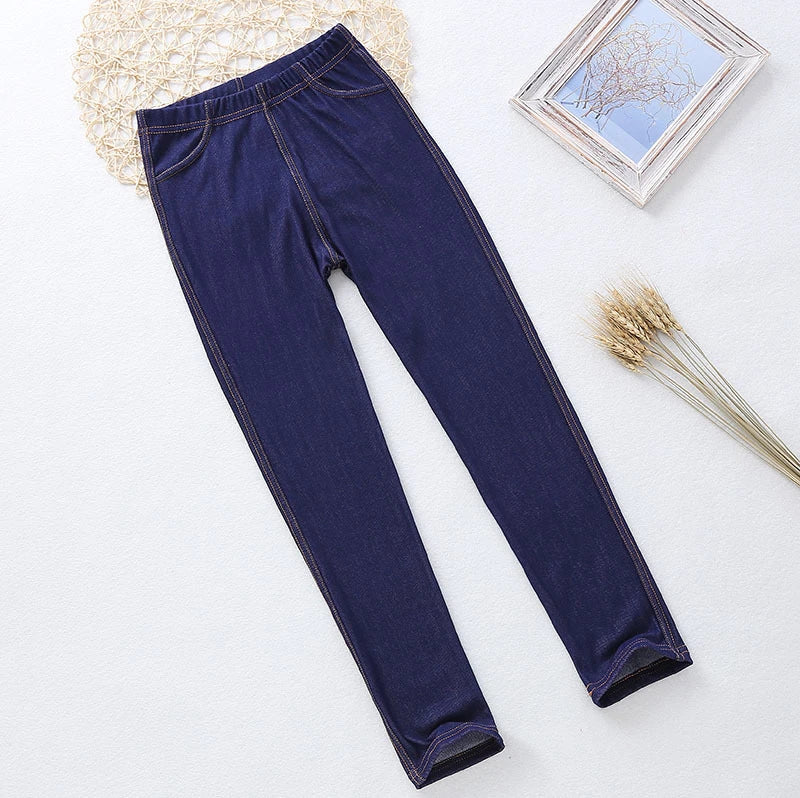 Spring Summer Girls Elastic Skinny Pants Solid Color Kids Stretch Trousers 3-12Yrs Children Lmitation Denim Fabric Jeans Pants