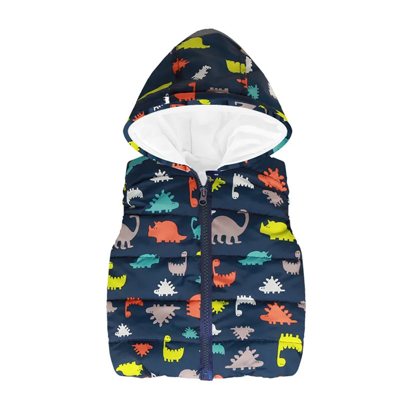 Autumn Winter Girls Vests Children's Cotton Warm Coat Baby Boy Dinosaur Hooded Waistcoat Kids Cartoon Cute Outerwear Clothing