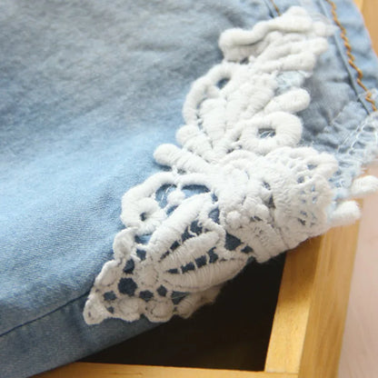 2024 Hot Summer Fashion 2 3 4 6 8 10 12 Years Children Cotton Baby Lace Edges Patchwork Jeans Kids Girls Denim Blue Shorts