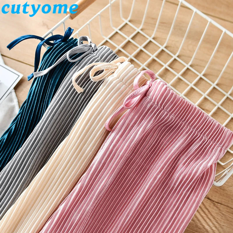 Summer Girl Wide Leg Pant Toddler Kids Casual Loose Trouser Child Pleated Chiffon Pants Teenage Girls Clothing Leggings 12 13 14