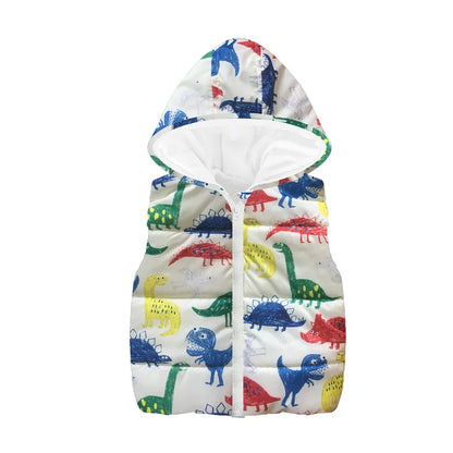 Autumn Winter Girls Vests Children's Cotton Warm Coat Baby Boy Dinosaur Hooded Waistcoat Kids Cartoon Cute Outerwear Clothing