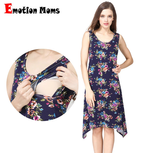 Summer Breastfeeding Dresses Maternity Clothes Sleeveless Printing Pregnant Dress Clothes for Postpartum Women Black Skirt