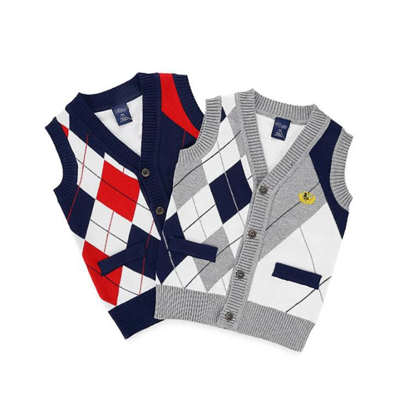 2024 Autumn Spring Kids Boy Sweater Vest Girl Children Clothing Plaid Stitching Coat Baby Cotton thick top Boys Cardigan Vest