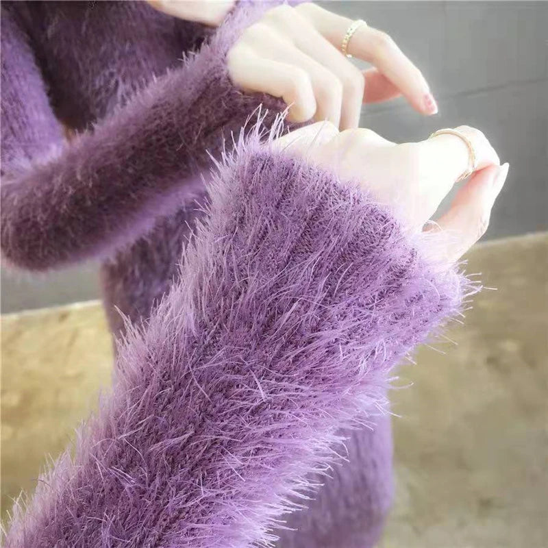 Women's Winter Clothing 2024 Imitation Mink Wool Thick Warm Turtleneck Sweater Dress Sheath Bodycon Dresses For Women Casual