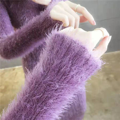 Women's Winter Clothing 2024 Imitation Mink Wool Thick Warm Turtleneck Sweater Dress Sheath Bodycon Dresses For Women Casual