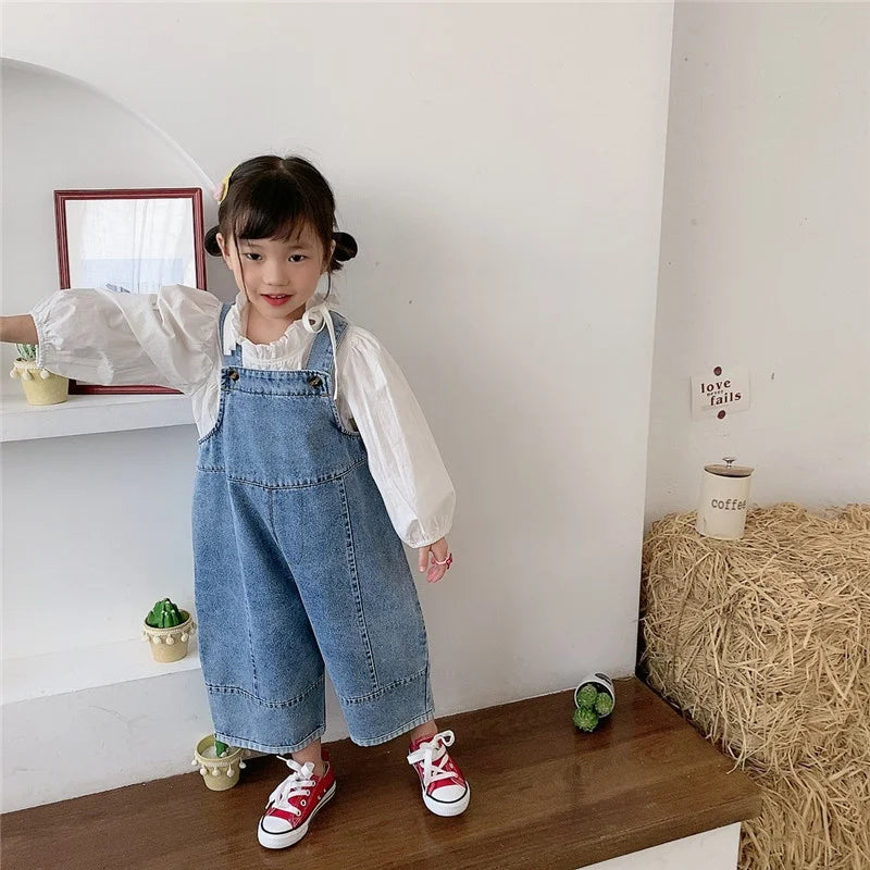 Korean style Spring Fall Kids Children Oversized Wide Leg Denim Overalls Baby Clothes Boys Girls Loose All-match Casual Pants