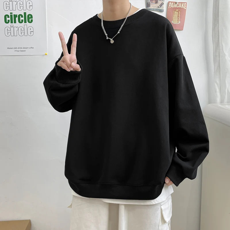 Simple Design Round Neck Sweatshirt Men Loose Streetwear Pullover Male Hoodies Black Beige Pink