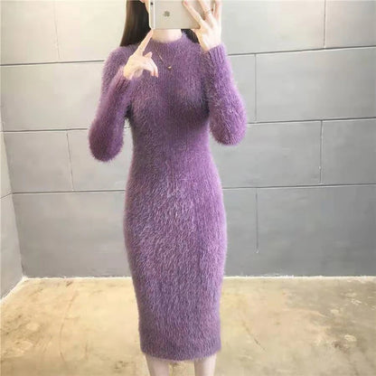 Women's Winter Clothing 2024 Imitation Mink Wool Thick Warm Turtleneck Sweater Dress Sheath Bodycon Dresses For Women Casual