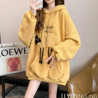 Winter Thick Lamb Wool Casual Women Hoodie Yellow Loose Lady Sweatshirt Embroidery Cartoon Cute Little Sheep Pullover Female