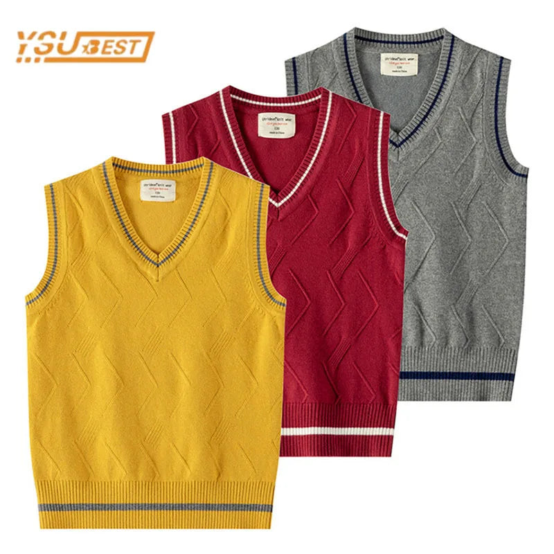 Spring Autumn Kids Baby Boy Girl Pure Color Knitted V-neck Vest Cotton Boy Girl School Uniforms Sweater Vest Children's Sweaters