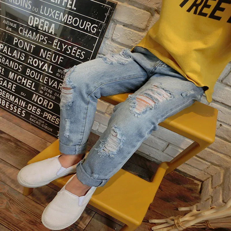 2024 New Fashion Multicolor Hole Little Girl Jeans Boy Spring and Summer Denim Casual Loose Cuffed Jeans Children Pants