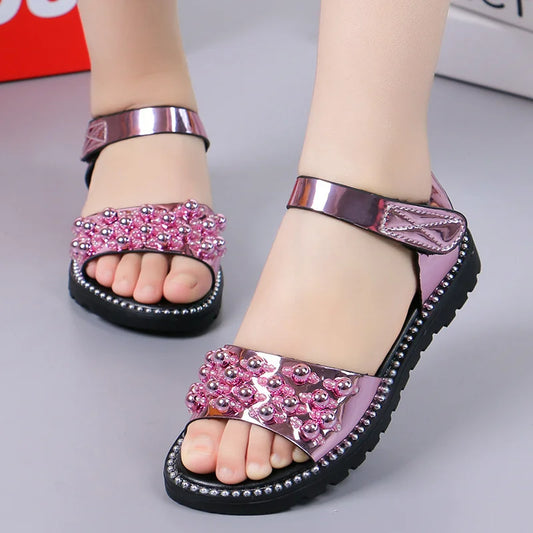 Girls summer pearls sandals 2021 new Korean version children's student beading princess beach shoes 5 6 7 8 9 10 11 12 Years old