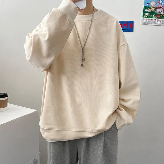 Simple Design Round Neck Sweatshirt Men Loose Streetwear Pullover Male Hoodies Black Beige Pink