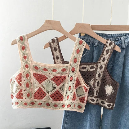 L5YC Women Summer Bohemian Knitted Crop Tank Top Hollow Out Crochet Geometric Pattern Camisole Vintage Sleeveless Beach Vest