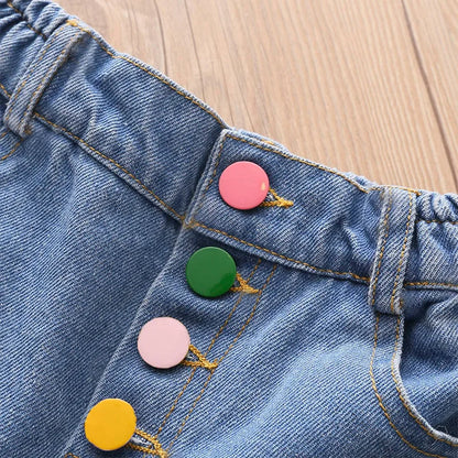 2024 Hot Summer Casual New 2 3 4 5 6 7 8 10 12 Years Child Baby Cotton Pocket Colorful Buttons Denim Blue Kids Girls Shorts