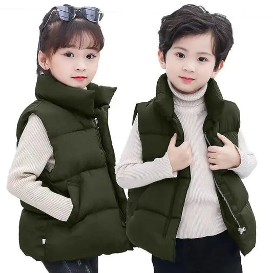 Solid Color Children Stand Collar Cotton Vests Boys Girls Autumn Winter Down Sleeveless Waistcoat Jacket Warm Outerwear 3-10Y