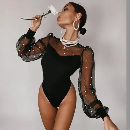 2021 Spring Sesy Mesh Patchwork Bodysuits Women Rompers Fashion See Through Skinny Lantern Sleeve Jumpsuits Female Elegant Tops