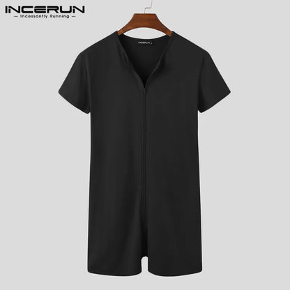 Men Pajamas Rompers Solid V Neck Zipper Fitness Short Sleeve Cozy Homewear Playsuits Leisure Men Jumpsuit Sleepwear INCERUN 7