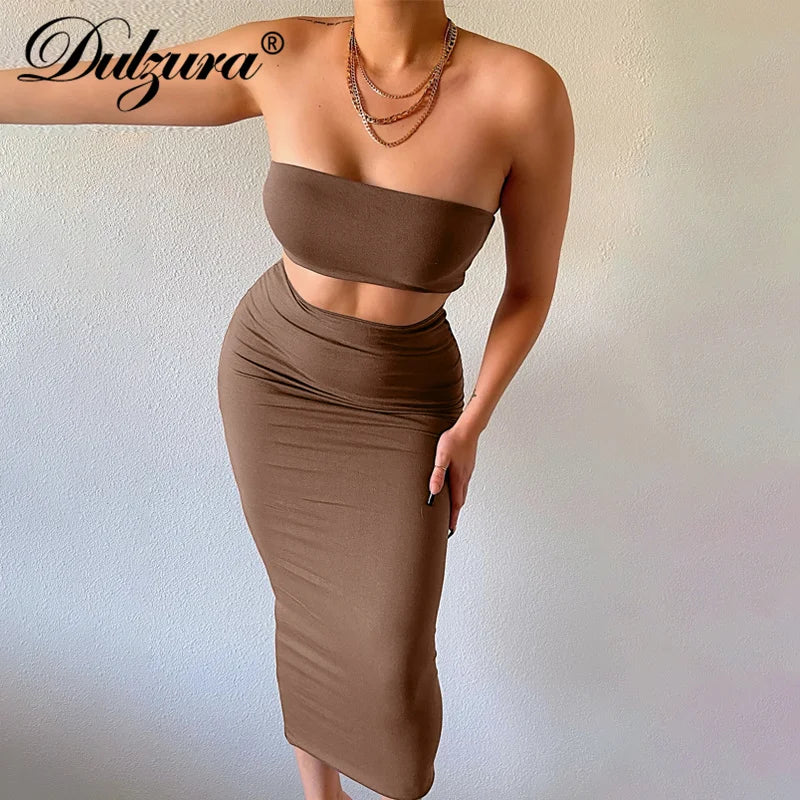 Dulzura Solid Women 2 Piece Set Tube Crop Top Midi Skirt Bodycon Sexy Streetwear Party Club Elegant Matching Co Ords 2021 Summer