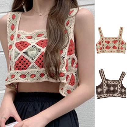 L5YC Women Summer Bohemian Knitted Crop Tank Top Hollow Out Crochet Geometric Pattern Camisole Vintage Sleeveless Beach Vest