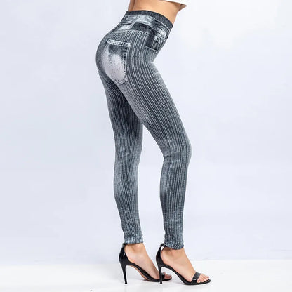 High Waist Faux Jean Leggings Slim Elastic Seamless Plus Size Skinny Pencil Pants Female Pocket Workout Running Leggings