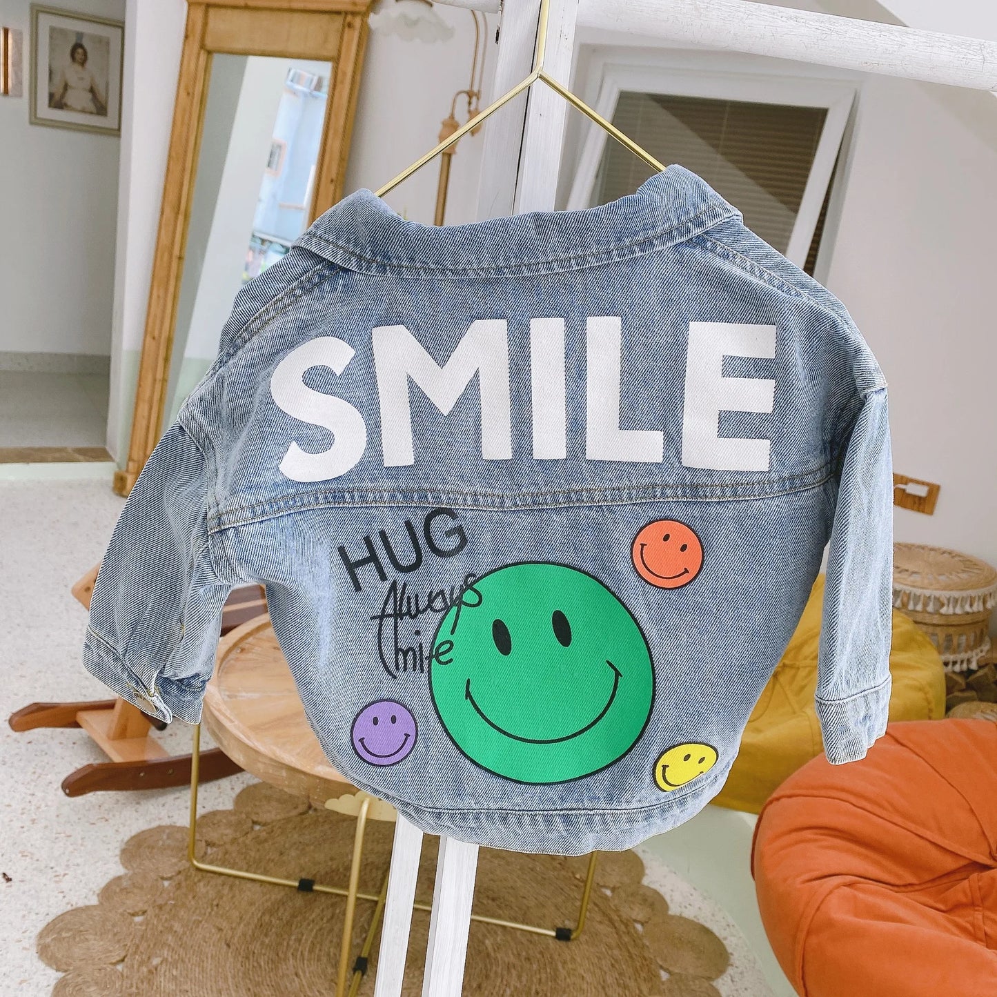 Children's smiling face denim jacket 2021 spring cartoon printed long sleeve casual jacket for boys and girls