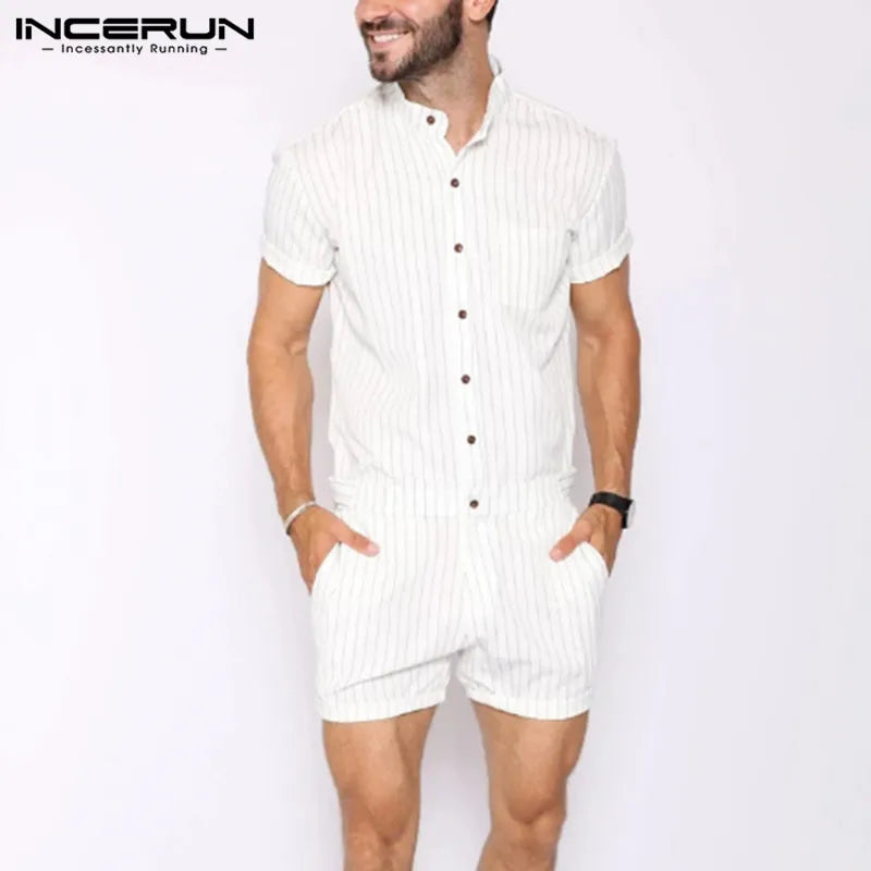 INCERUN Striped Men Rompers Breathable Stand Collar Short Sleeve Joggers Playsuits Streetwear Fashion Men Jumpsuits Shorts S-5XL