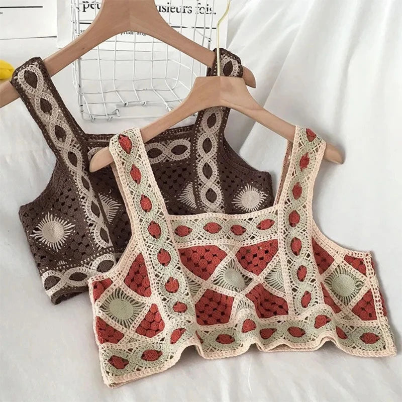 L5YC Women Summer Bohemian Knitted Crop Tank Top Hollow Out Crochet Geometric Pattern Camisole Vintage Sleeveless Beach Vest