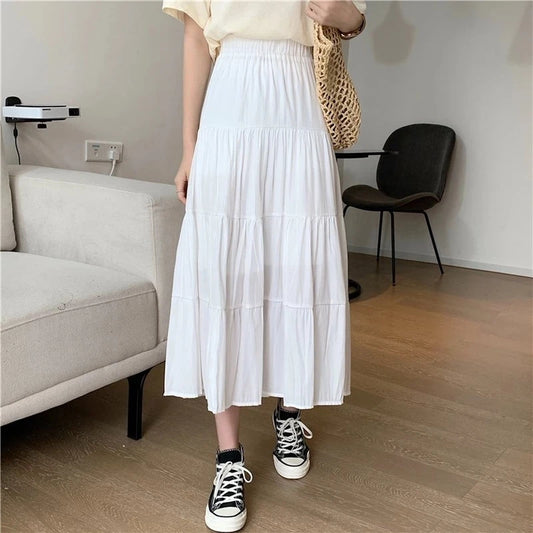 Spring Summer Women Chiffon Skirts Vintage High Waist Elastic Patchwork White Black Chic Long Cake A-line Skirt for Student