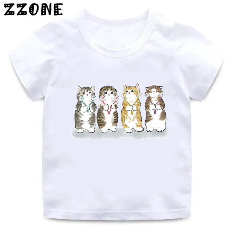 Cute Cat Drawing Print Kids Cartoon Funny T-Shirts Harajuku Casual Kawaii Baby Boys Summer T shirt Children Tops Girls Clothes