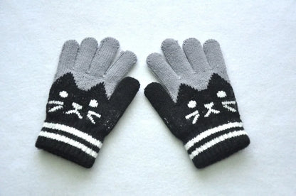 6-11years Kids Winter Warm Velvet Wool Gloves Cartoon Cat Baby Girls Baby Boys Gloves KF194