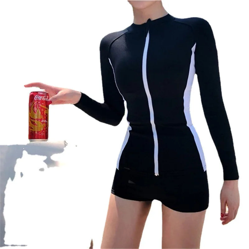 2021 New Korean Style Long Sleeve Women Solid One Piece Swimsuit Swimwear High Neck Bathing Suits Surfing Suits Beachwear