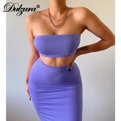 Dulzura Solid Women 2 Piece Set Tube Crop Top Midi Skirt Bodycon Sexy Streetwear Party Club Elegant Matching Co Ords 2021 Summer