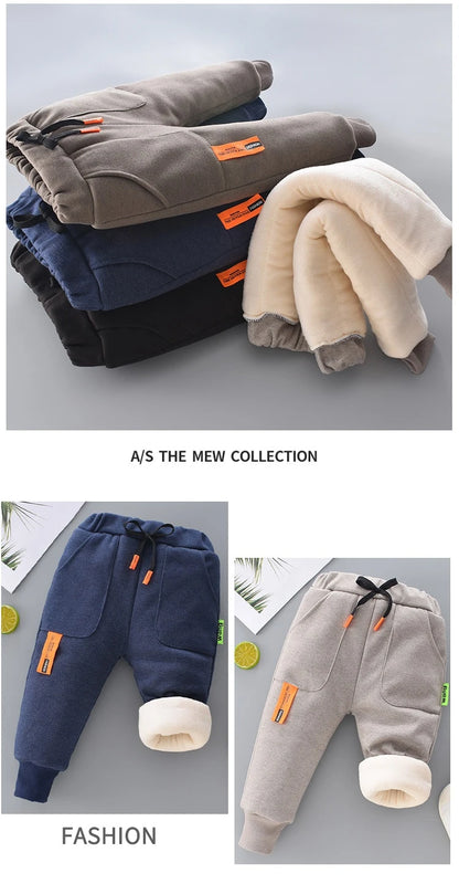 Autumn Winter Boys Fleece Sports Pant 0-6Y Child Straight Thick Warm 3 Layer Quilted Trousers Kid Elastic Waist Jogger Sweatpant