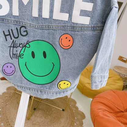 Children's smiling face denim jacket 2021 spring cartoon printed long sleeve casual jacket for boys and girls