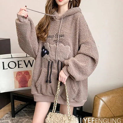 Winter Thick Lamb Wool Casual Women Hoodie Yellow Loose Lady Sweatshirt Embroidery Cartoon Cute Little Sheep Pullover Female