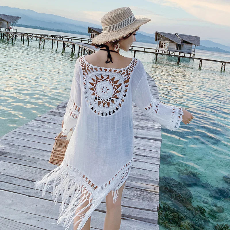 2022 New Beach Cover Up Tassel Dress Pareo Women Bikini Summer Hollow Out Swimwear Sun Dress Long Sleeve White Swimsuit Vestido