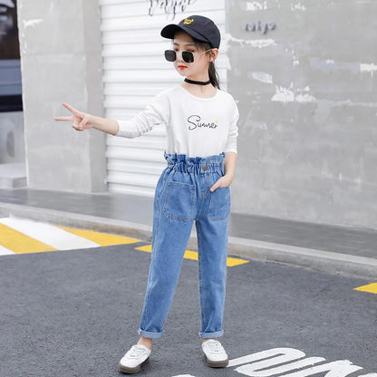 Summer Teen Girls Jeans Blue High Waist Slim Denim Pants for Girls Kids Trousers Casual Children Clothes for 10 12 14 Years