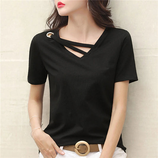 2023 Women Summer V-neck Loose Short Sleeve White T-shirt Women Korean Solid Color Tops Casual Compassionate Trend T Shirt