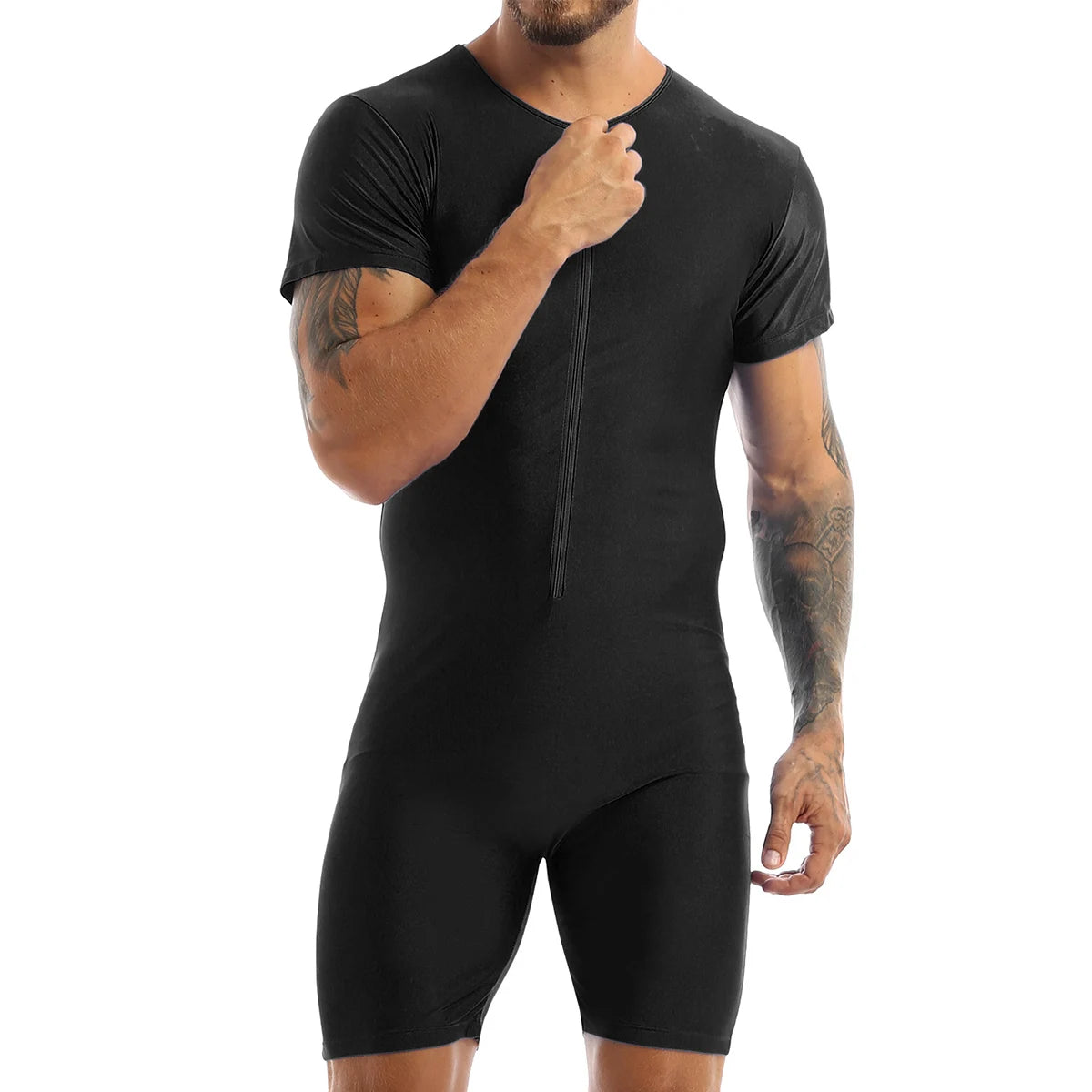 Mens One-piece Leotard Jumpsuit Pajamas Undershirts Male Short Sleeve Front Zipper Elastic Soft Boxer Briefs Bodysuit Swimwear