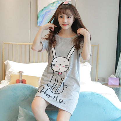 Summer Knitted Cotton Women Nightgown Short Sleeve Cartoon Sweet Soft Female Nightdress Loose M-5XL Girls Nightwear