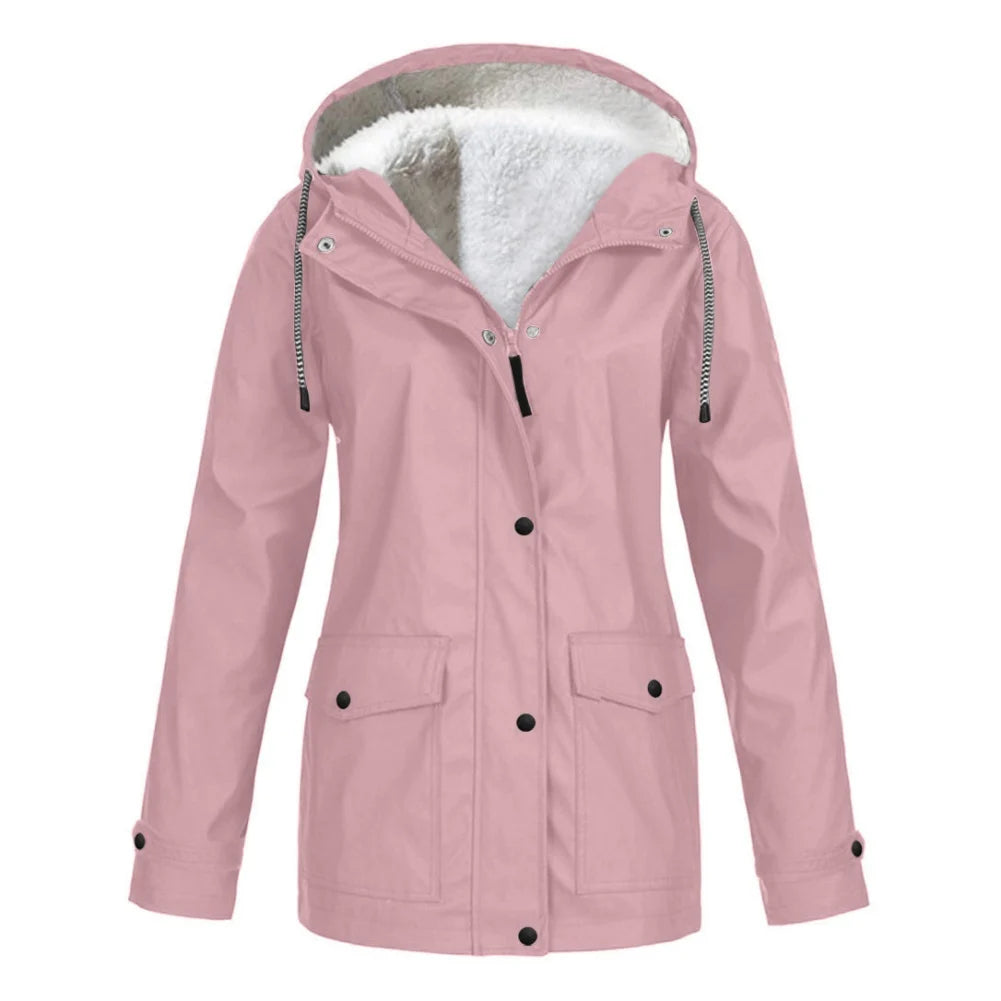 Women's Autumn Winter Plus Velvet Outdoor Jacket Windproof Waterproof Mountaineering Hooded Coat